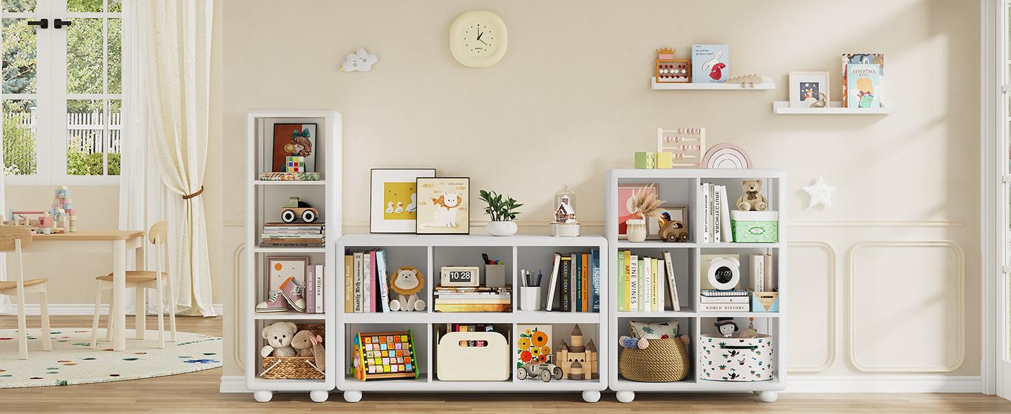 ONBRILL Wooden Bookcase with 6 Cube Storage, Kids Bookshelf with Sphere Foot, Sturdy Toy Storage Organizer, Safe Rounded Corners Bookcase for Living Room, Playroom, Nursery【BlackFridayDeal】