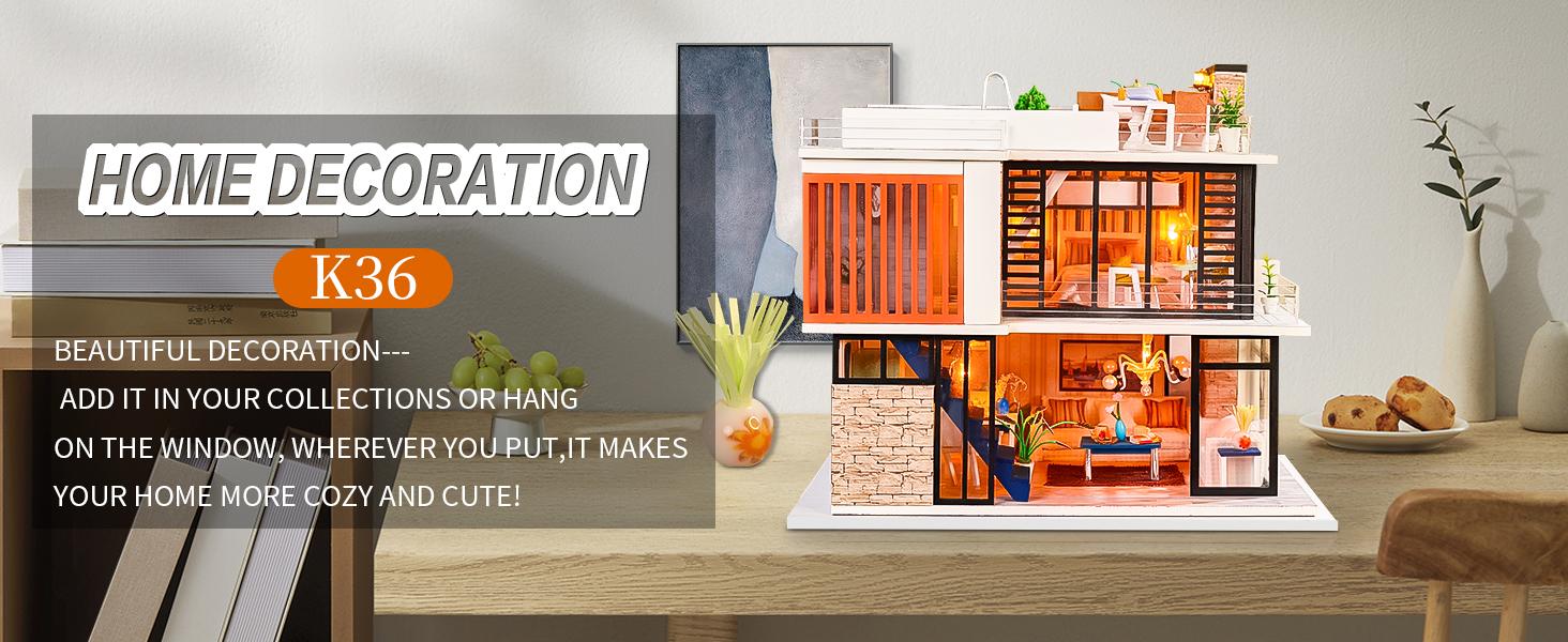 Spilay Laser Cut DIY Wooden Miniature Dollhouse Kit for Adults, Crafting Handcraft Mini-Architecture Building Block Toy with Warm Light, Music Box, Detailed Furniture & Bookshelf Decor Gift Option