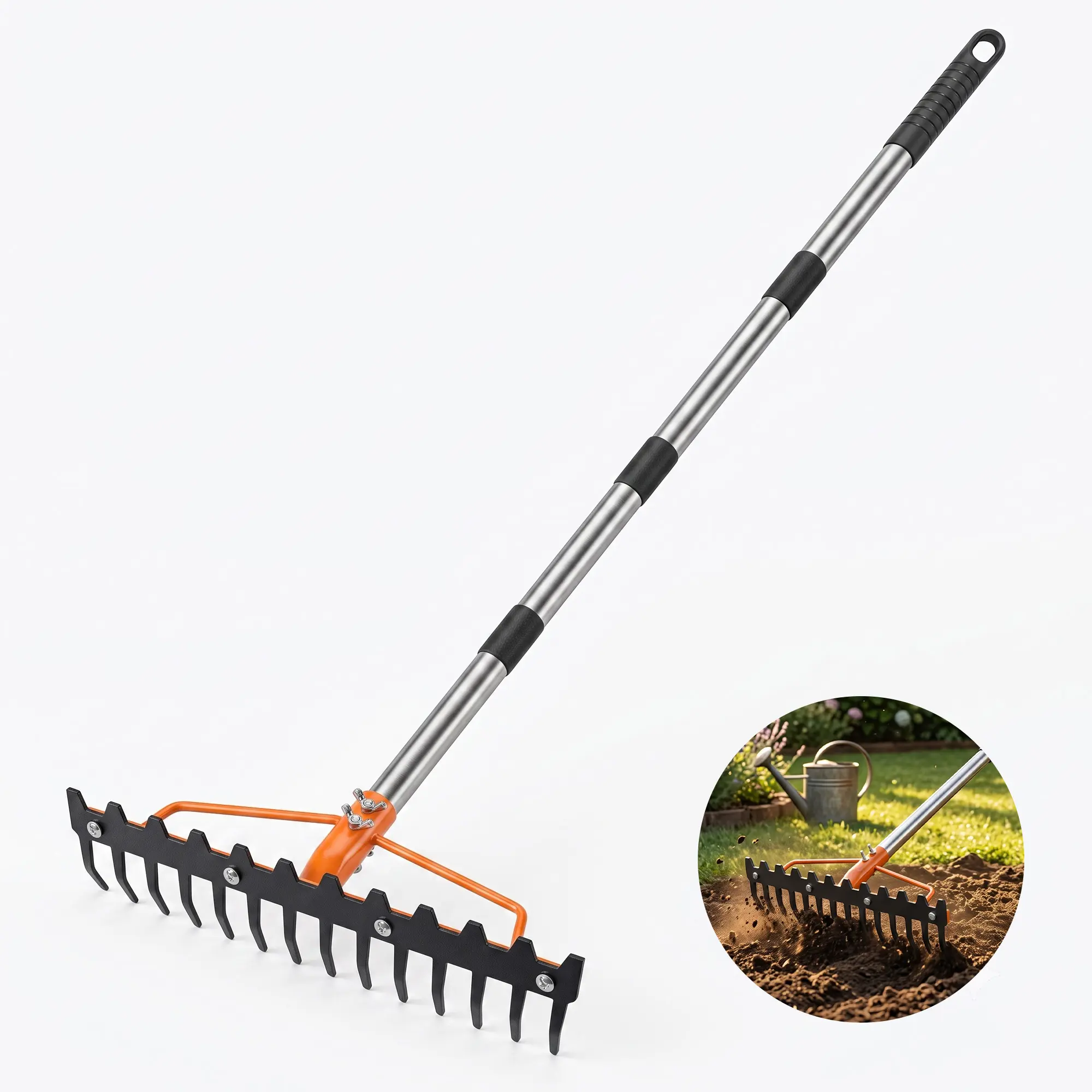 Adjustable Garden Rake, Double‑Sided Metal Rake with Stainless Steel Handle,14 Tines, Spiral Connection Design, Easy Assembly, Portable for Lawn Soil Leveling Leaf Cleaning