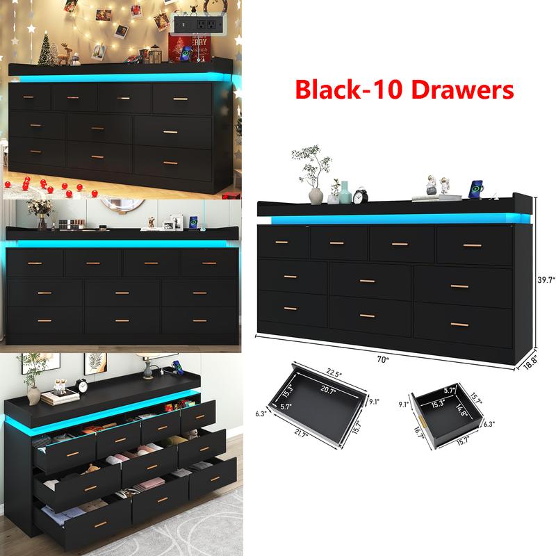 Dresser with LED Light and Charging Station, Modern Chest of Drawers for Closet, Wide Drawer Organizer Cabinet for Bedroom, Living Room, Entryway, Hallway