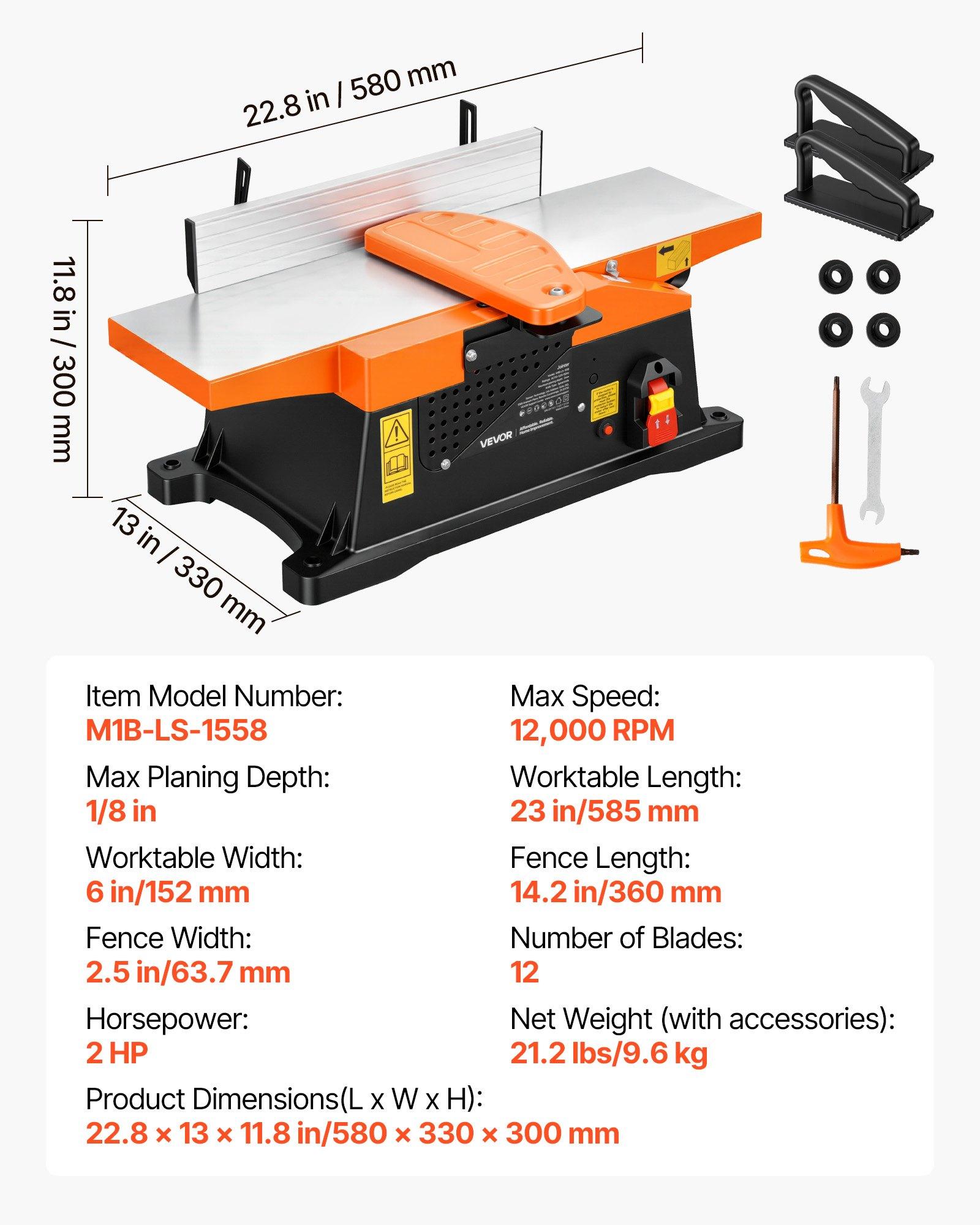 VEVOR Spiral Benchtop Jointer, 6 in, 2 HP 12000 RPM Bench Top Wood Jointer, with 12-Blade Spiral Cutterhead, Up to 1/8 in Depth, Adjustable Fence, 6x 23 in Cast Aluminum Table, for Woodworking DIY