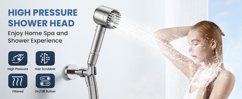 Enjoy A Home Spa Shower Experience With This 9-Piece Pressurized Shower Head Set, Featuring An Ionized Cool Mist Shower Mode And A One-Touch Water Shut-Off Function. Includes A Water Jet Function, Stainless Steel Hose, Punch-Free Bracket And 6 Filters.
