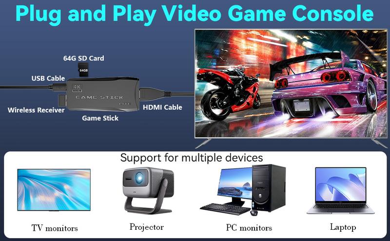 Retro Gaming Console with Dual Controllers, 20,000+ Games, 9 Emulators Built-in, 4K HDMI Output, Plug and Play Video Game Stick, Perfect for TV (64GB) Wireless Usb