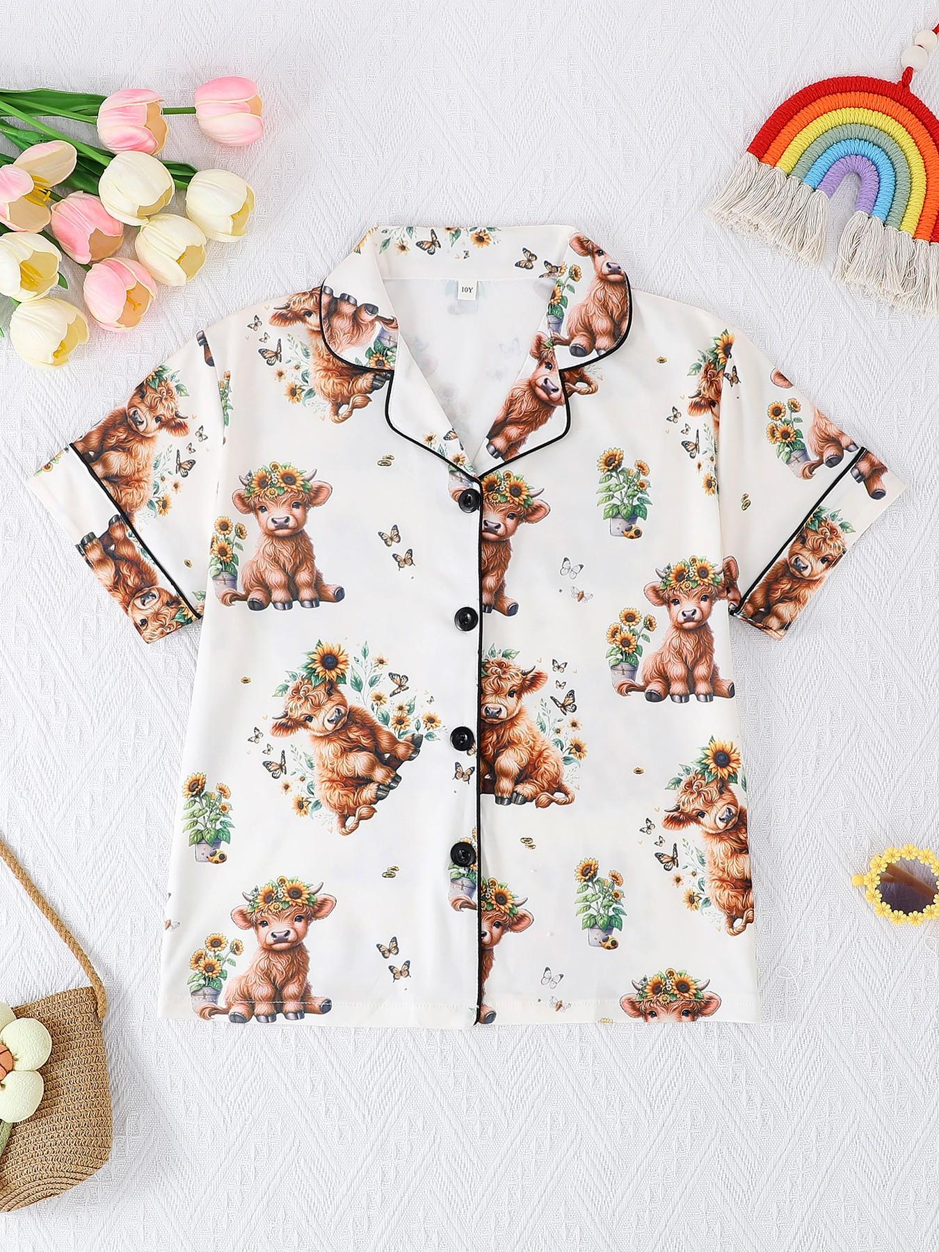 2-Piece Kids' Fire-Resistant Pajama Set, Short Sleeve Button Front, Cartoon Pattern, All Seasons, Casual Loose-Fit, Boys & Girls