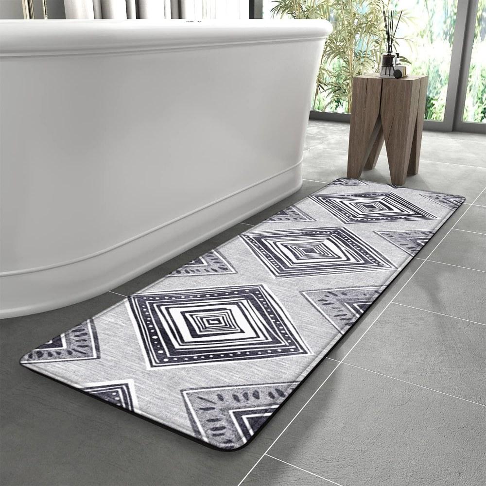 1PC， Black and White Diamond Geometry Patterned strip rugs, home décor, bathroom mats, entryway mats, bathroom non-slip mats, indoor entrance rugs, bedroom bedside mats, kitchen mats, hallway rugs, flannel sponge rugs, hallway runner rugs