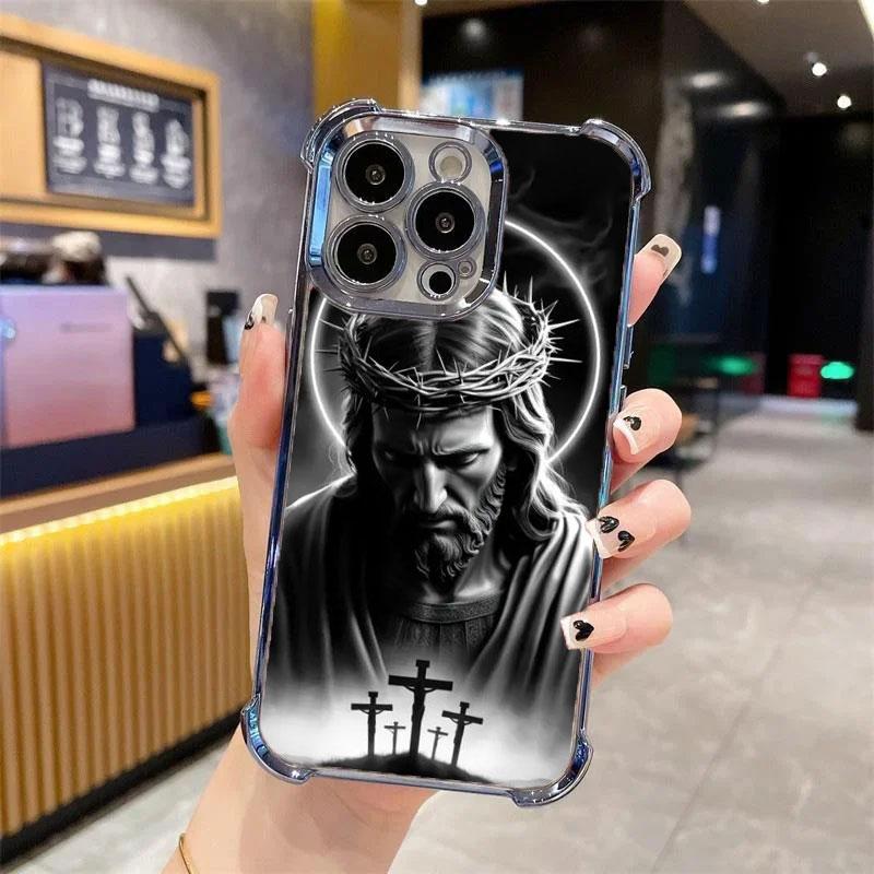 Jesus Clear Protective Four Comers Air Cushion Anti-drop CellPhone Case Clear BracketPhone Case for iPhone 16 15 14 13 12 Pro Max 15 14 Plus Four Corners Cases #IPYS7