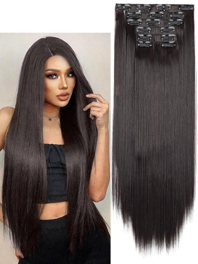 6 piece clip in hair extensions set long straight hair natural clip in hair extensions invisible hair clips soft natural for women heat resistant synthetic hair extensions Invisible Extension Hairpiece for daily and festive use