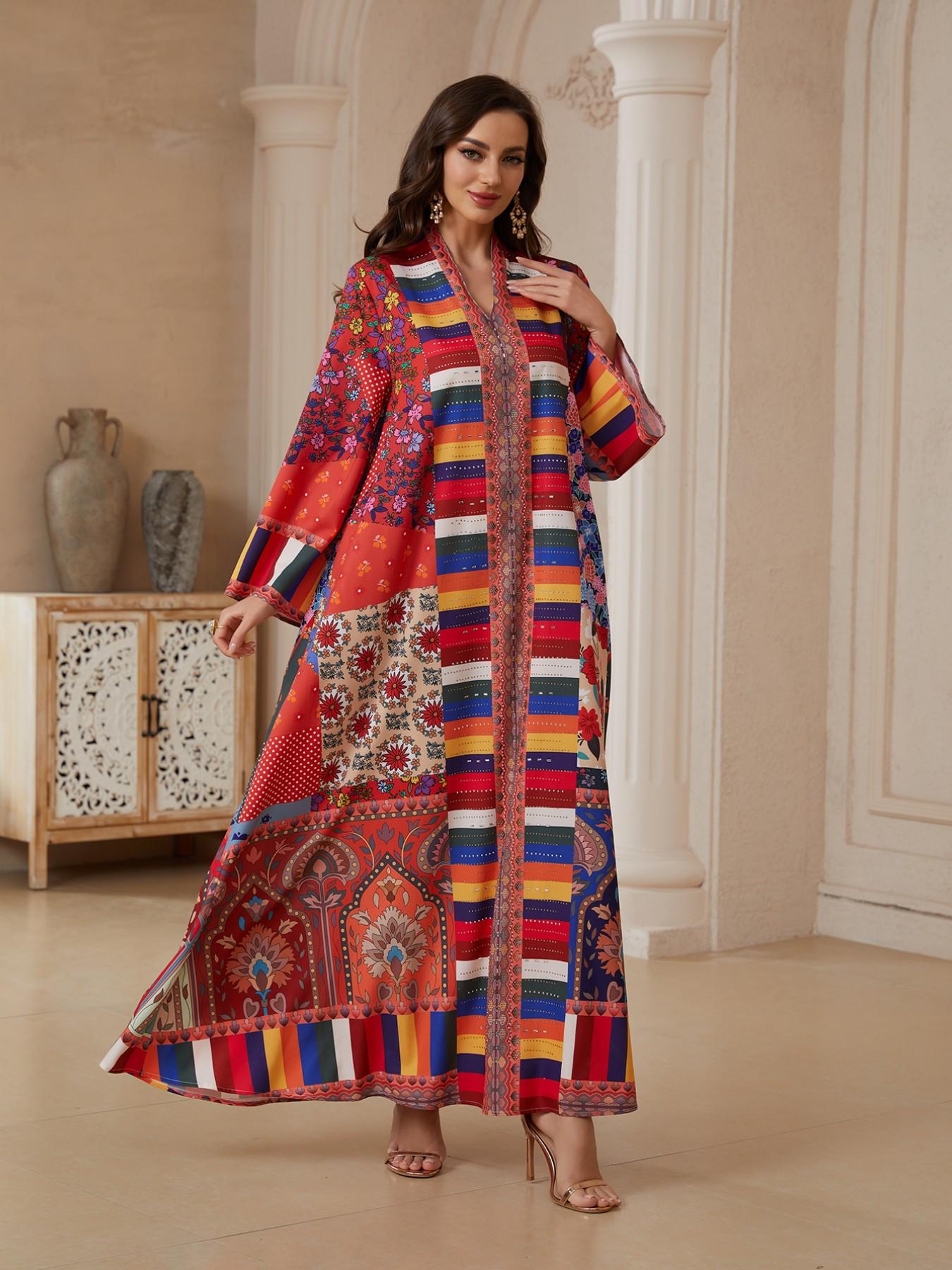 Middle Eastern High-End Custom Rainbow Geometric Totem Robe, Vintage Floral Light Luxury Abaya, Elegant Long Dress for Women