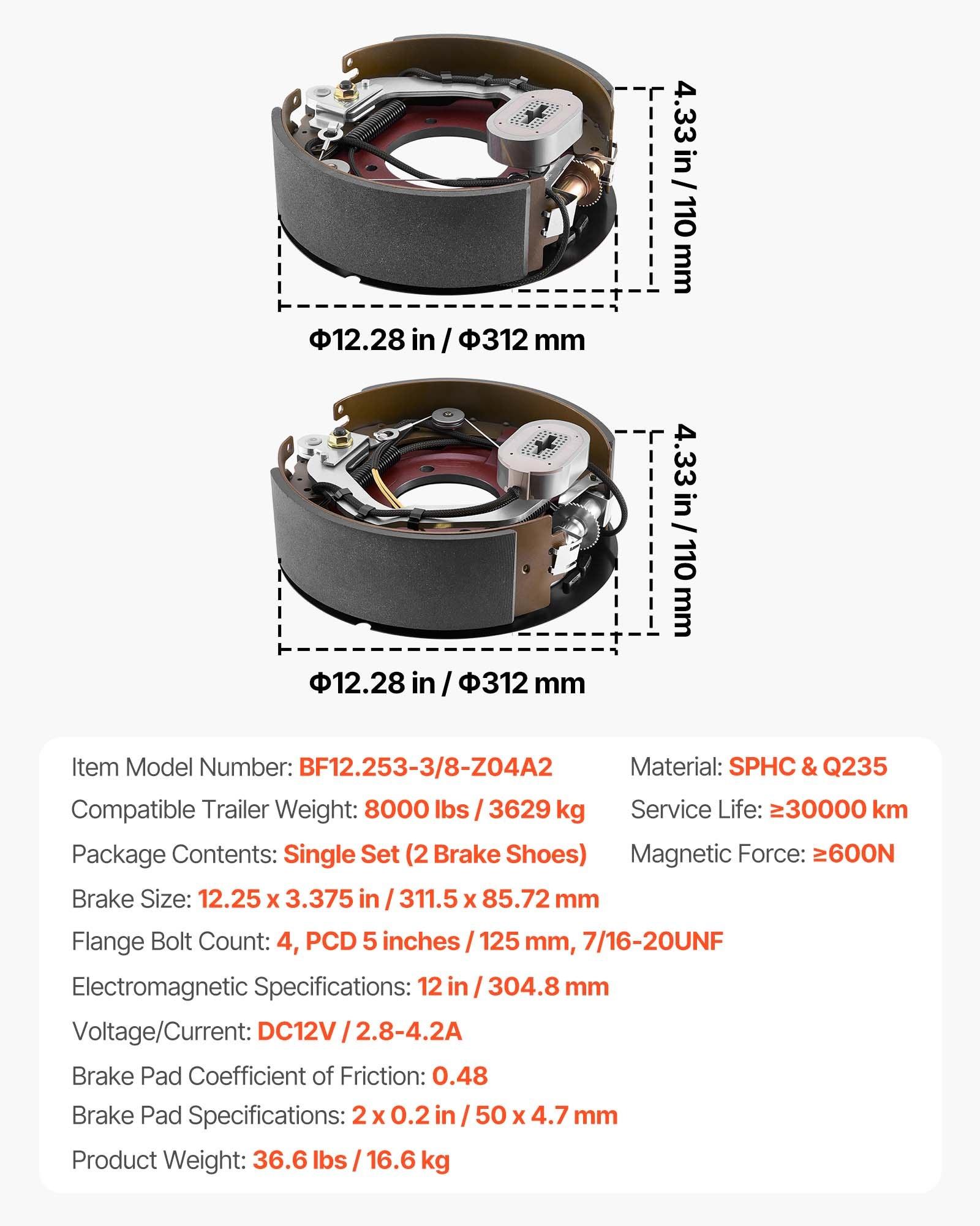 VEVOR Auto-Adjust Pre-Assembled SPHC Steel Electric Brake Pair Kit, 12.25x3.375in Backing Plates, 8000lbs Heavy Loads Axle Braking System Replacement Part for Trailers, RVs