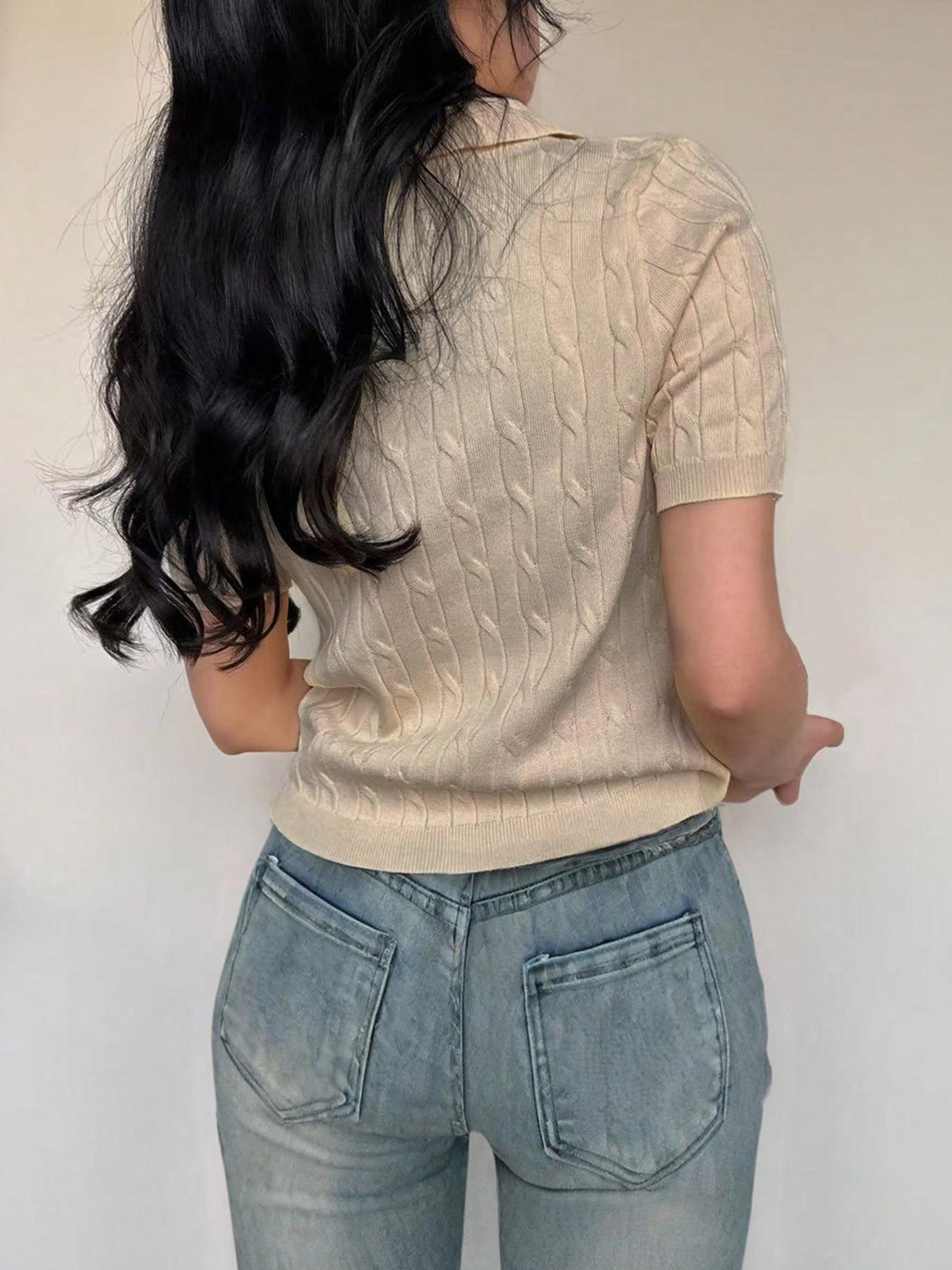 Women's Plain Cable Knit Sweater Pullover, Casual Short Sleeve Collared Jumper for Spring, Fashion Women's Knitwear for Daily Wear