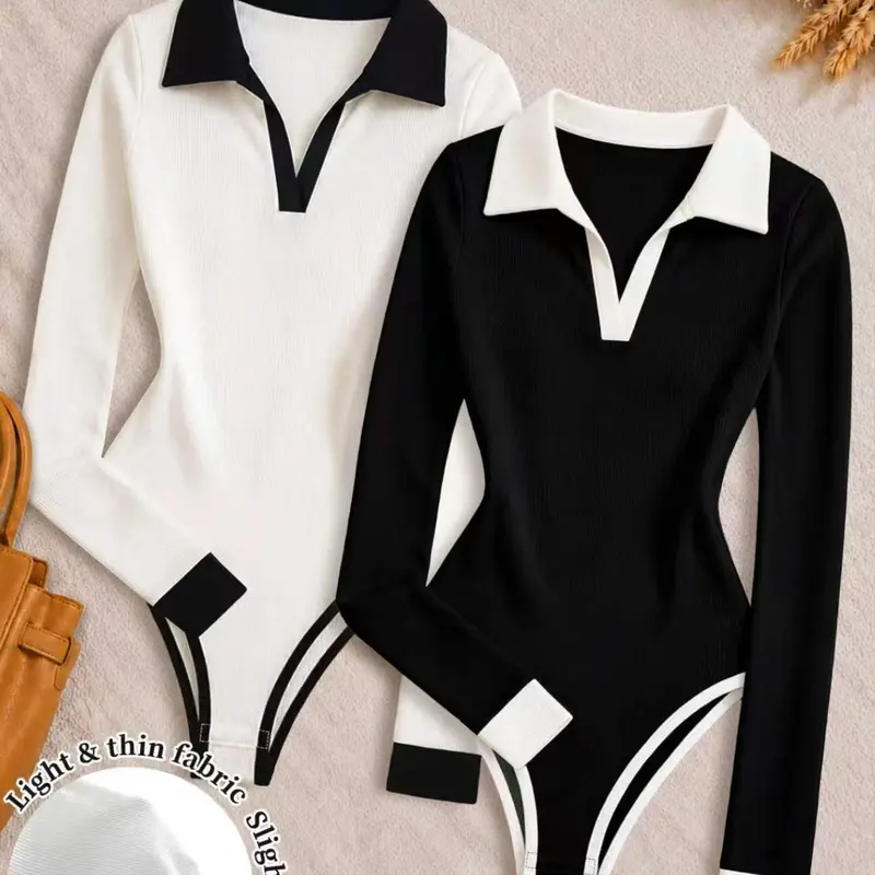 Women's Long-Sleeve Ribbed Knit Polo Bodysuit, Contrast-Trim Collar, Slim-Fit One-Piece Design, Soft Stretchy Fabric, Y2K Minimalist Style, Ideal for Daily Casual Street Outings, Party Gatherings and Vacation Outfits, Knitted Bodysuits