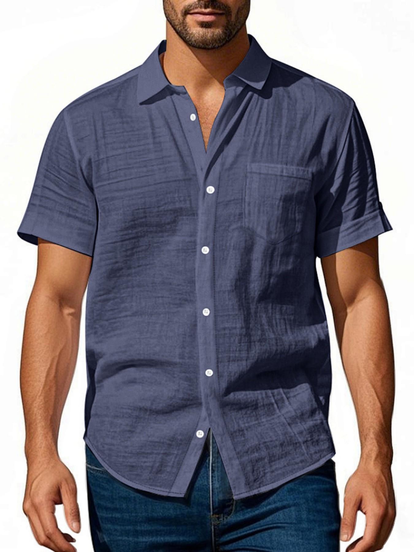 American Style Men's Hawaiian Linen Breathable Henley Neck Casual Short Sleeve Shirt, Summer Fashion, Comfortable and Stylish