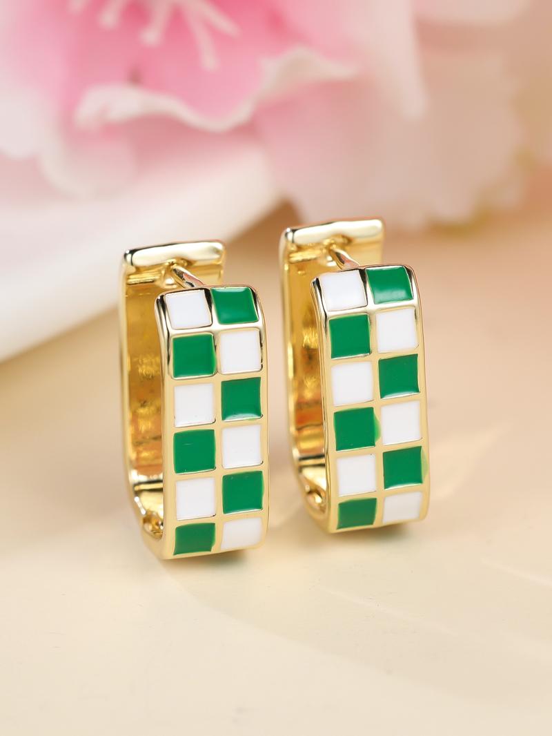 Checkerboard Pattern Hoop Earrings, Fashionable Casual Enamel Drip Earring Clip for Women for Party, Daily Decor, Trendy All-match & Exquisite Jewelry for Gift, High Quality Earrings
