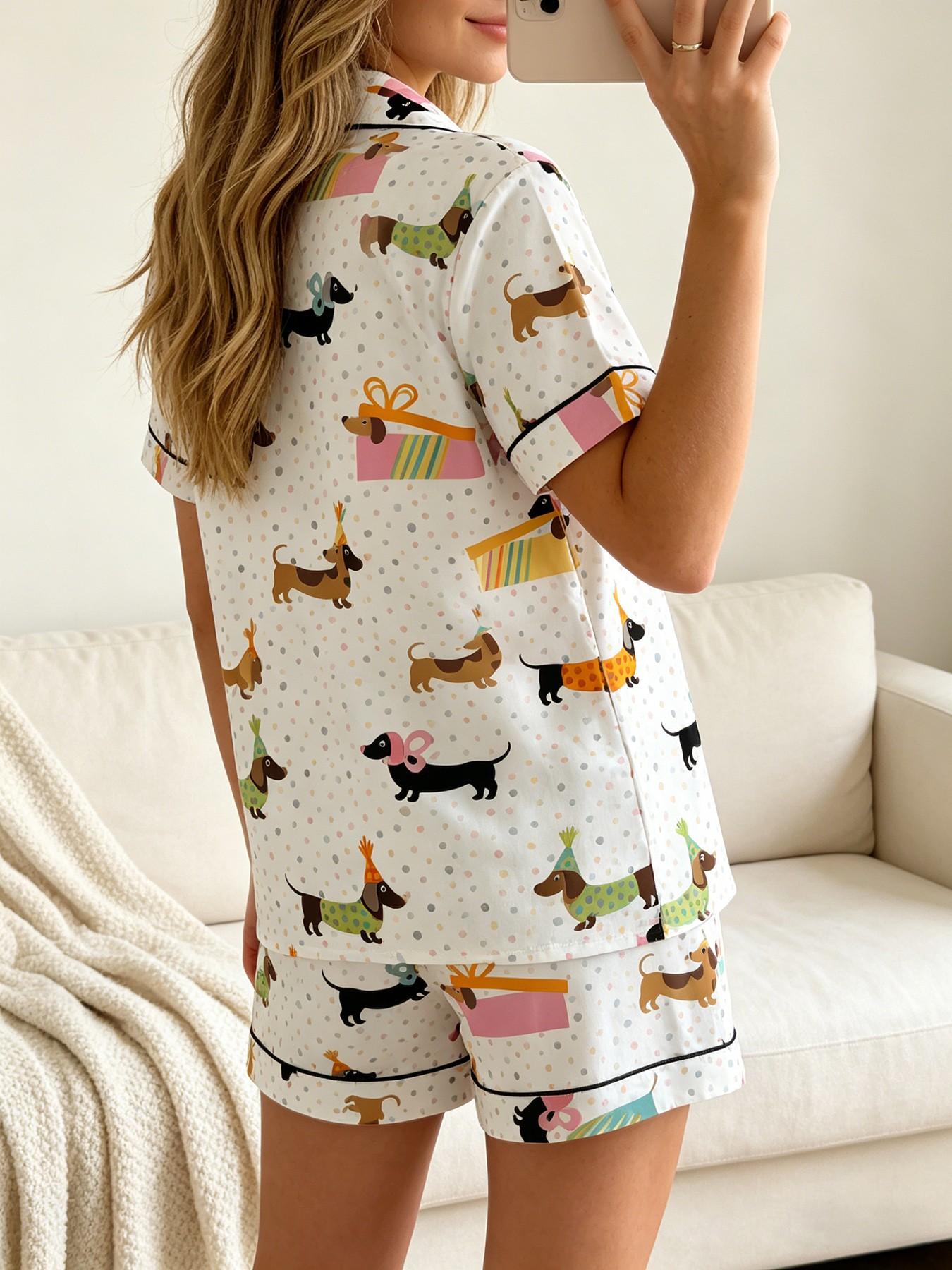 Women's Short Sleeve Button Down Top and Shorts Pajama Set, Spring Summer Wear, For Cute Girls, White Base Adorable Party Dog Print, Classic Lapel Collar, Loose Fit, Comfortable For Home & Gatherings