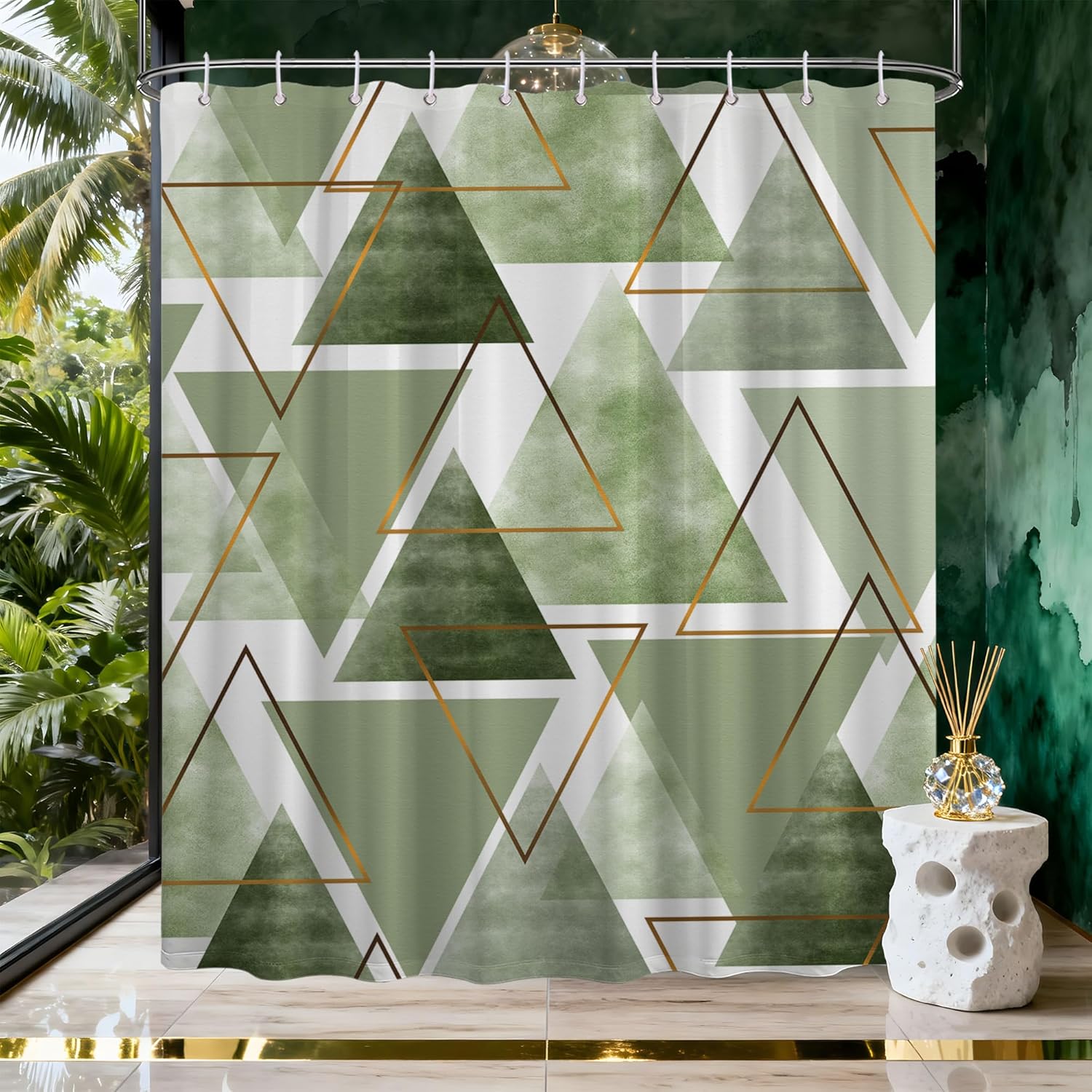 Sage Green and White Geometric Shower Curtain, Modern Olive Green Fabric Bathroom Decor, Includes Hooks for Shower, 1PC