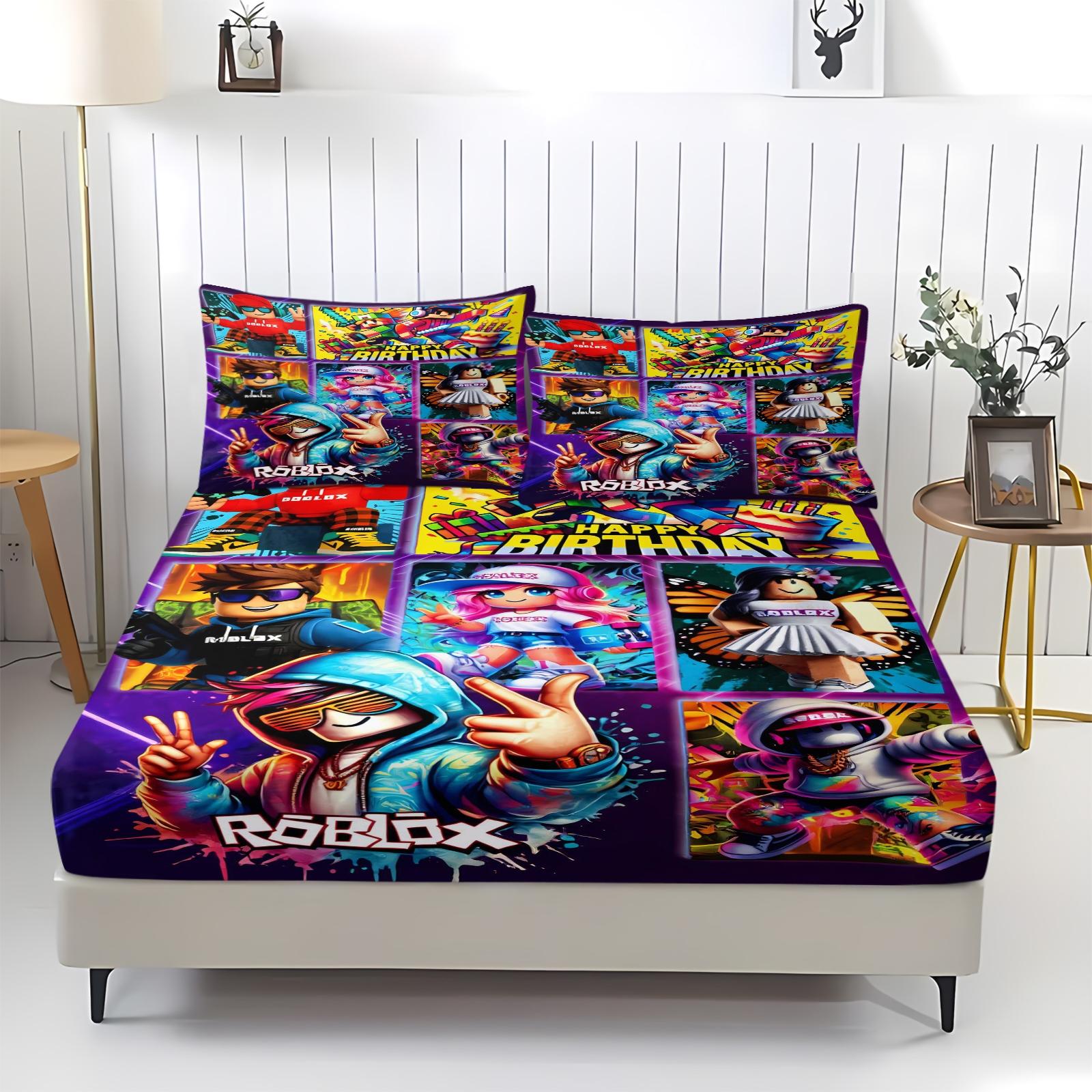 3-Piece Roblox Pattern Bed Sheet with Comfortable Printed Pattern, Includes 1 Bed Sheet and 2 Pillowcases, Comfortable Bedding, Non Slip Dust Cover Suitable for Bedroom and Guest Room, Bedding Set