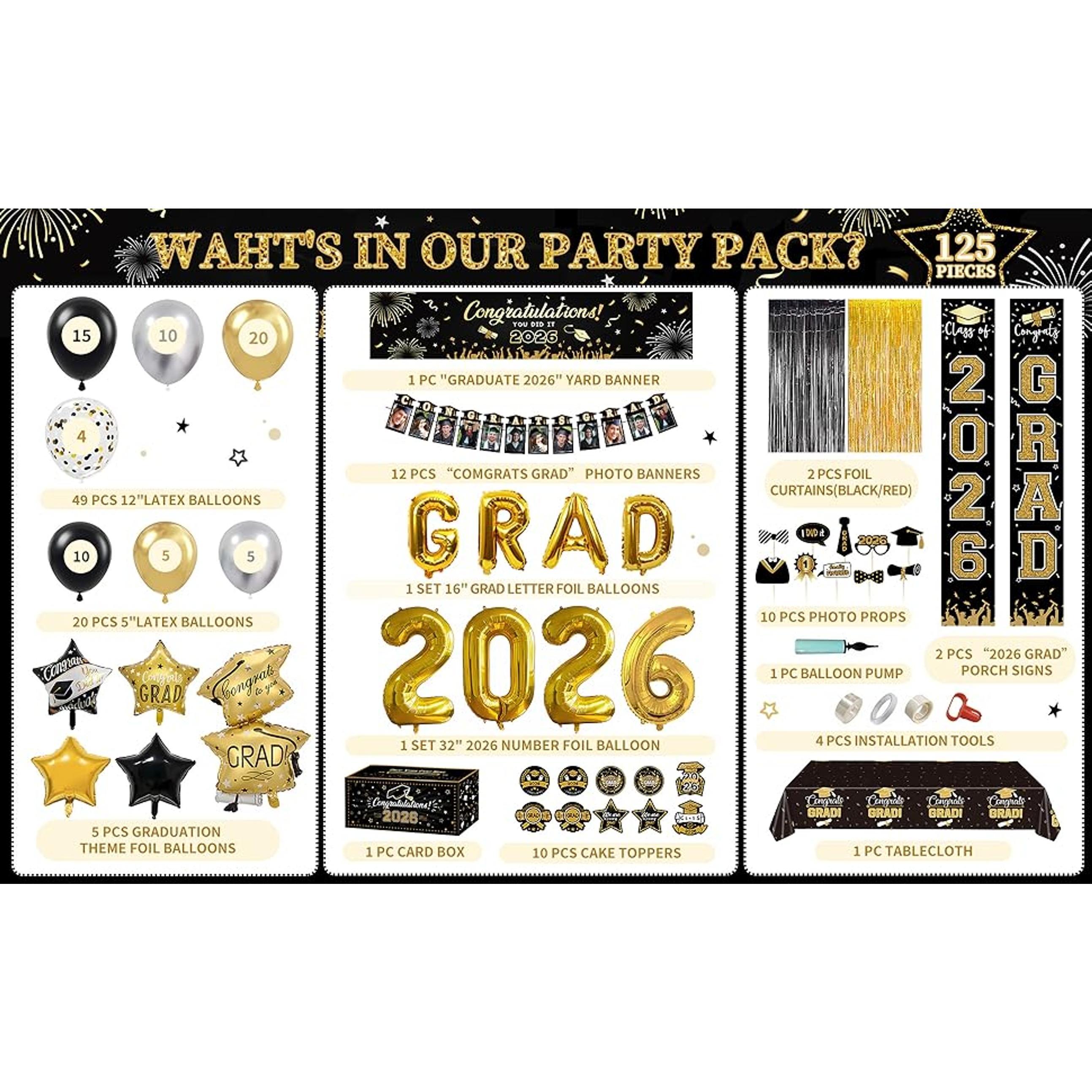 125-Piece Black and Gold Graduation Decorations Pack, 2026 Class Congrats Grad Supplies Set with Photo Banners, Tablecloth, Balloons, Cake Toppers, Decorations Supplies, Party, Box, Balloon Arches, 12” Latex Balloons