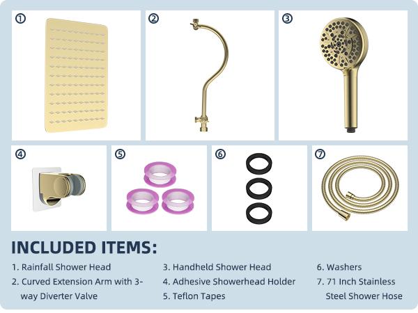 Hibbent All Metal CUPC Certified Shower Head, 10'' High Pressure Rainfall Shower Head/Handheld Showerhead Combo with 12'' Adjustable Curved Shower Extension Arm, 10-Spray, 71'' Hose, Showerhead Holder, Brushed Gold