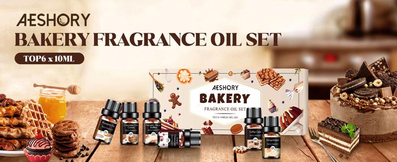 Bakery Essential Oils Set - Fragrance Oil for Diffusers for Home, Candle Making - Pumpkin Pie, Coffee Cake, Gingerbread, Cherry Cheesecake Aromatherapy Scented Oils (6x10ML) Bath Chocolate