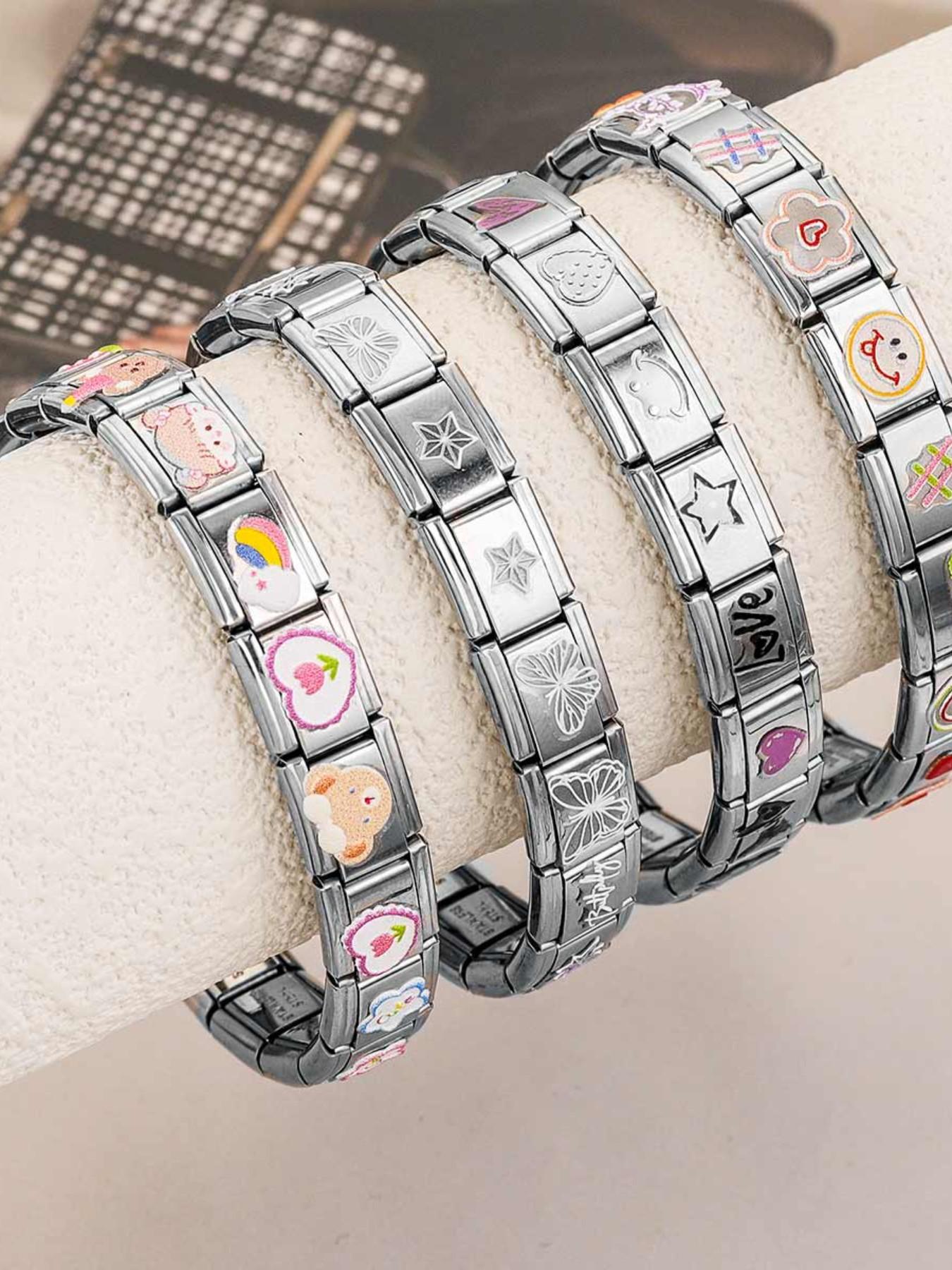 DIY 304 Stainless Steel Charm Bracelet, Modular Links with Cartoon/butterfly/heart Stickers, Customizable Women's Bracelet, Hypoallergenic & Fade-Resistant