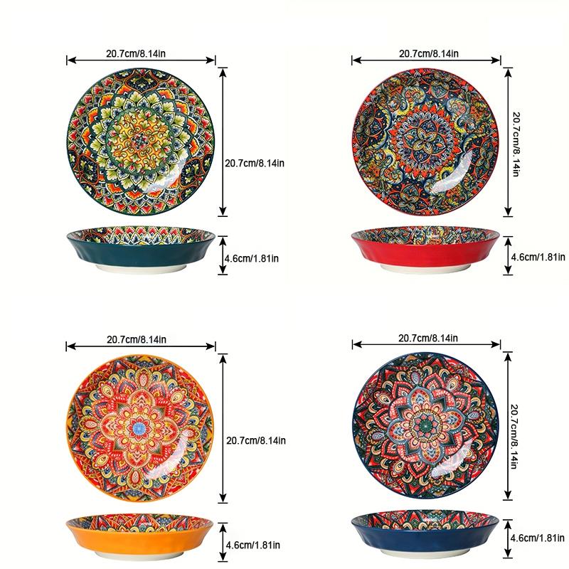 Bohemian Style Floral Pattern Ceramic Dinner Plate Set, 4 Counts/set Creative Dish Plate, Large Deep Plate for Home and Restaurant Use, Salad Serving Plates