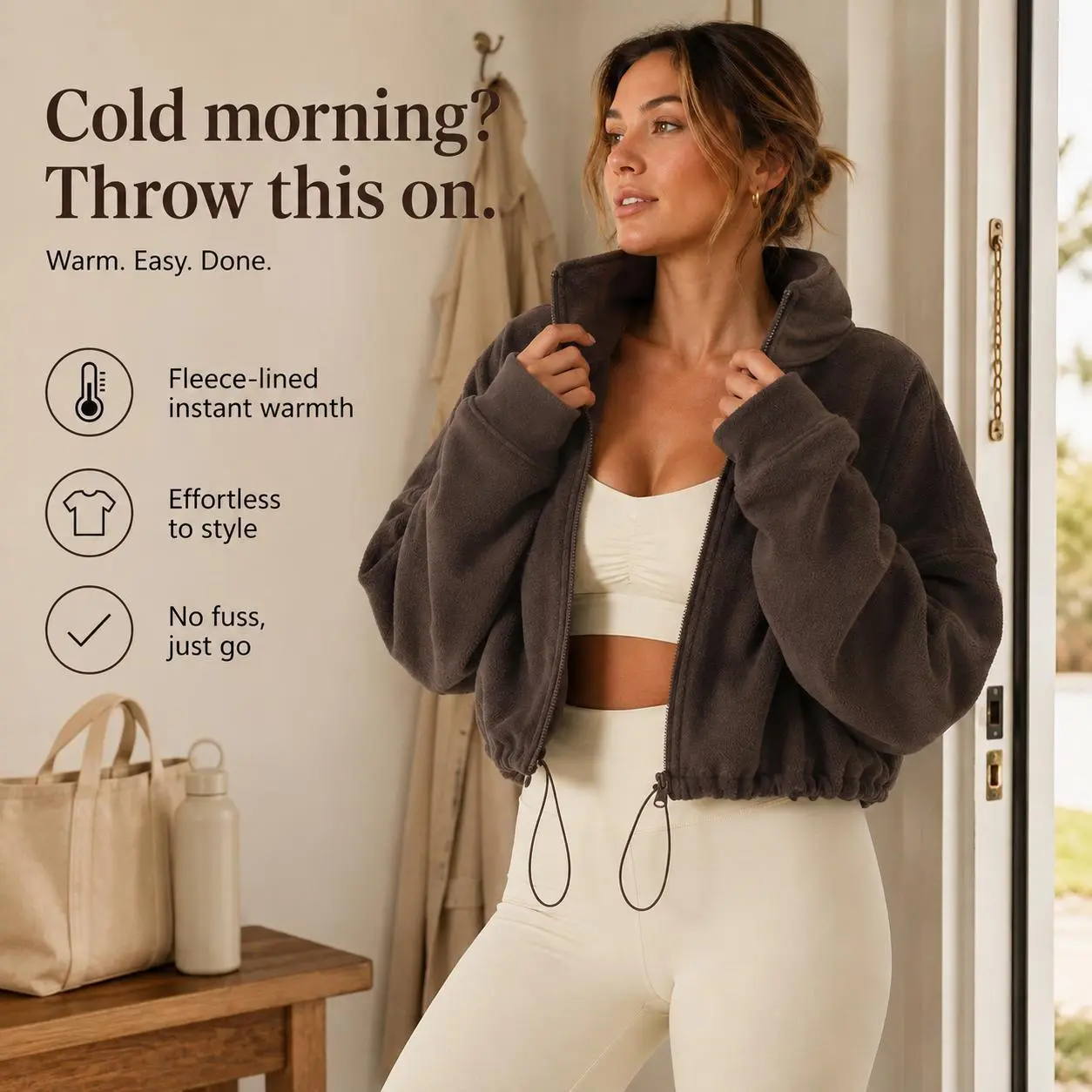 Women's Autumn Winter Fleece Jacket, Basic Stand Collar Zipper Pocket Design, Adjustable Drawstring, Casual Warm Loose Short Coat for Ladies, Daily Wear Outerwear, Fall Winter Fashion.