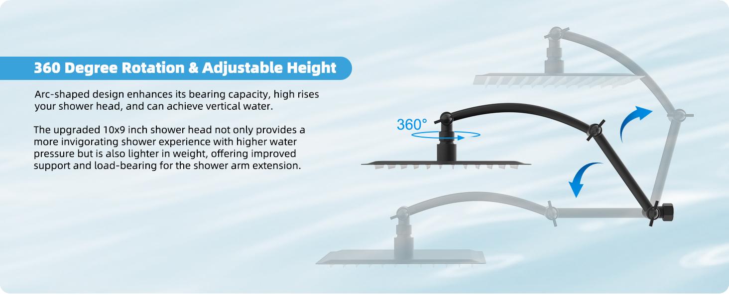 Hibbent All Metal Rain Shower Head, High Pressure Rainfall Showerhead with 16" Shower Head Extension Arm, Solid Brass Adjustable Shower Arm Extender, Waterfall fixed Showerheads, Matte Black head extension