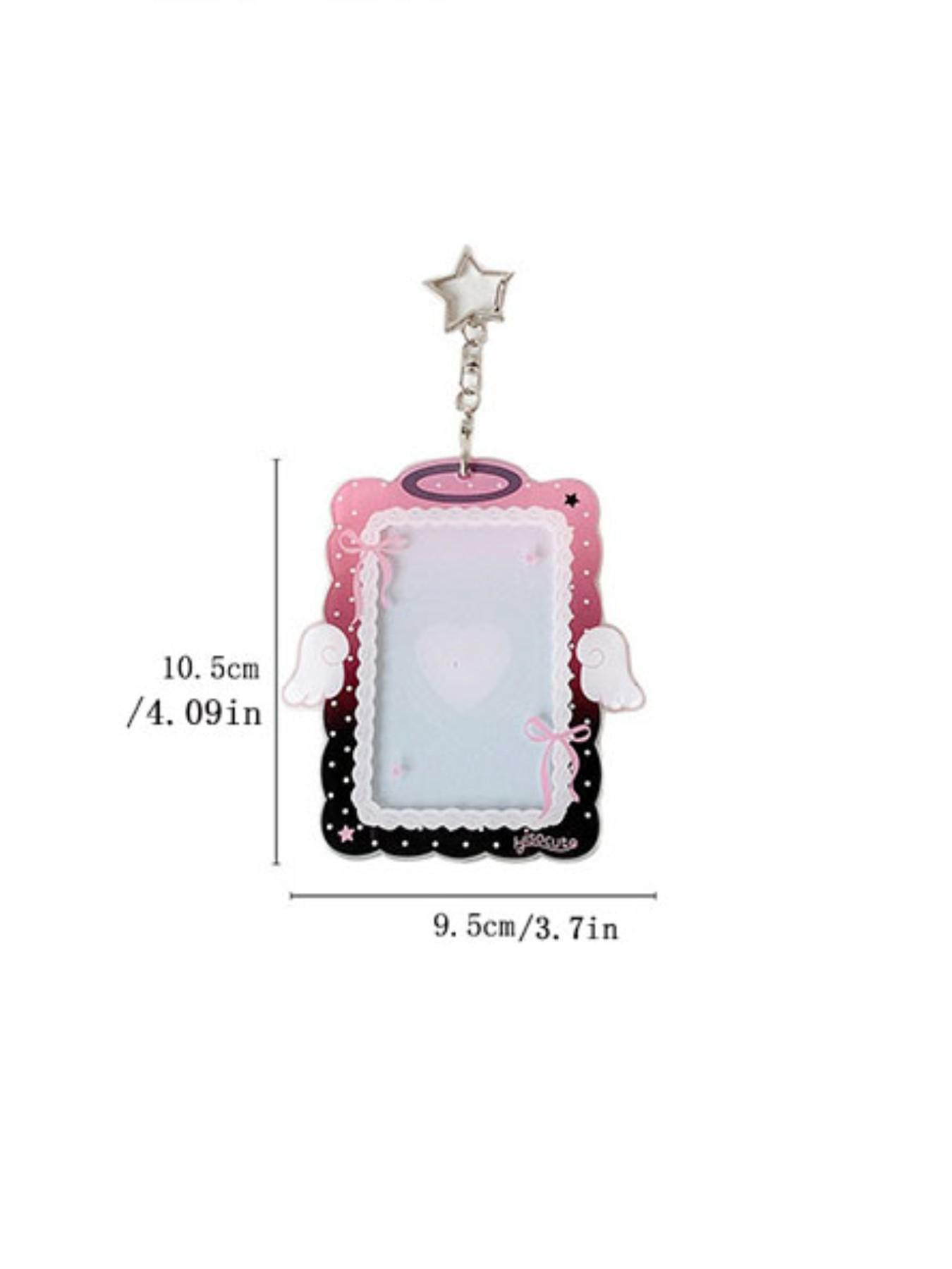 Sweet Girl 3 Inch Angel Wings Keychain Card Holder, Student Hollow Out Visible Small Card Display Case, Idol Fan Accessory, Id Holders For Badges, Id Badge Holder, Badge Accessories
