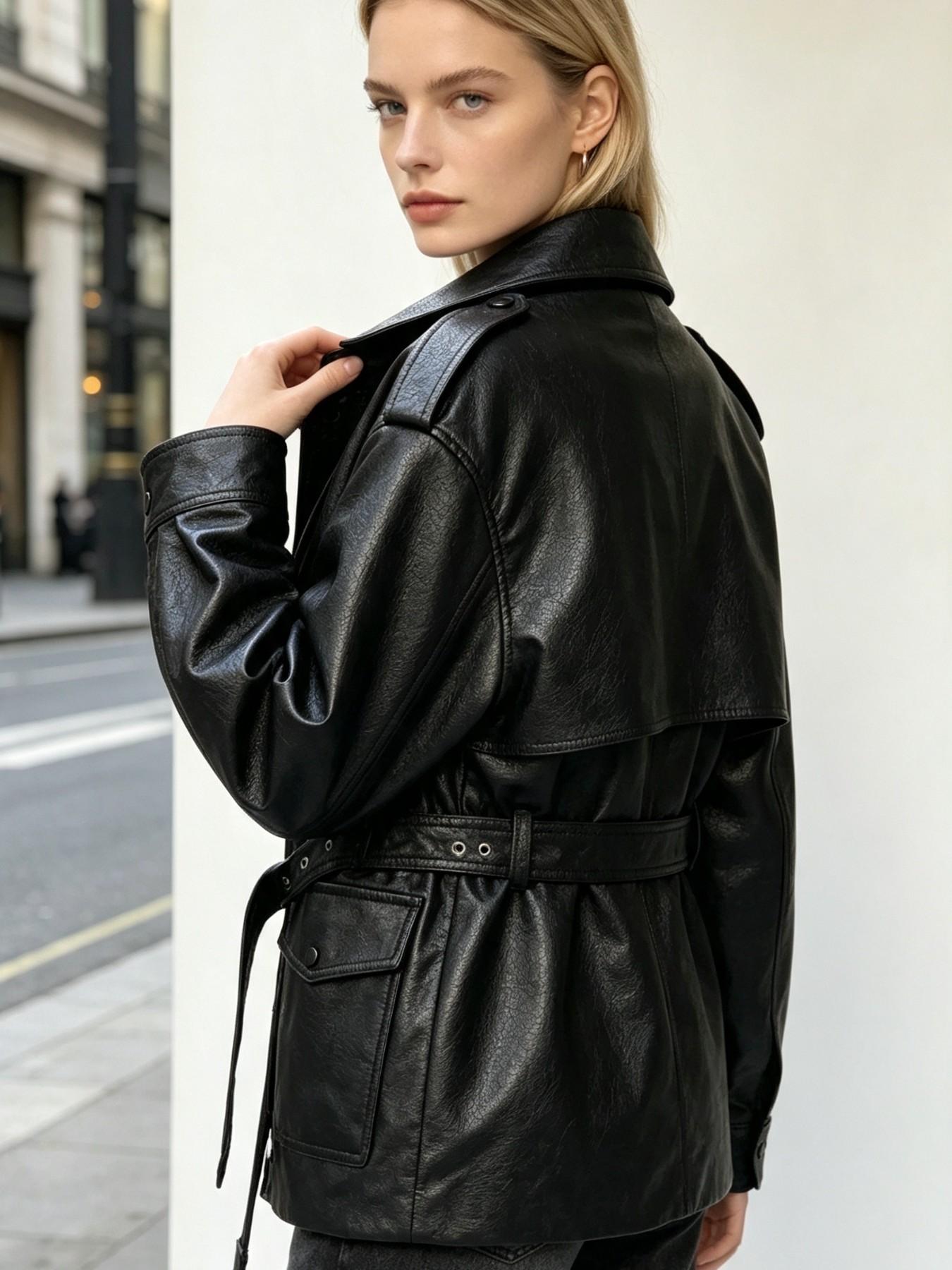 Vintage Style Women's Coat, Lapel Collar Shoulder Patch Design, Waist Belt, Multiple Pockets, Mid-Length, Commuter Jacket