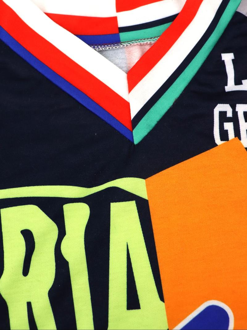 Women's Colorblock Letter Print Drop Shoulder Pullover, Fashion Casual V Neck Long Sleeve Sweatshirt for Daily Outdoor Wear, Women Fall & Winter Clothes