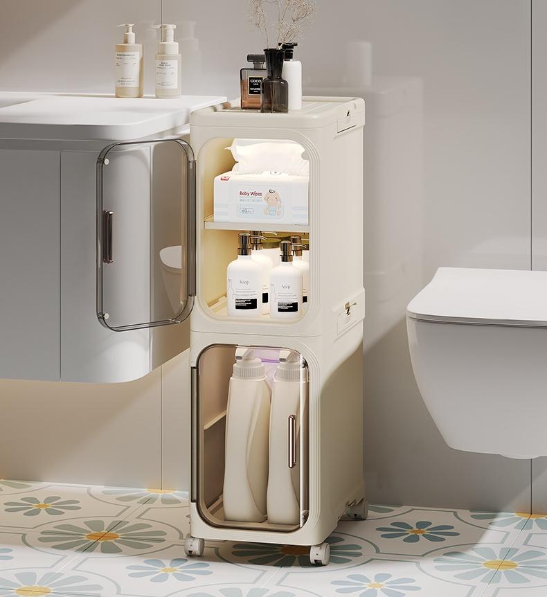 UFORU four-layer tall and narrow storage cabinet, made of plastic, with a slim design, doors and adjustable shelves, wheels, stackable and foldable, suitable for small spaces, bathrooms and kitchens.