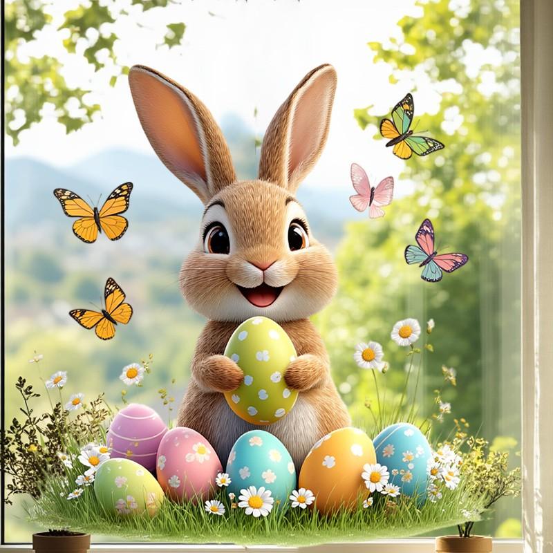 Easter Bunny Egg Sticker, Self-Adhesive Window Decal, Home Wall Decor, Removable PVC Art Sticker, Festive Seasonal Decoration
