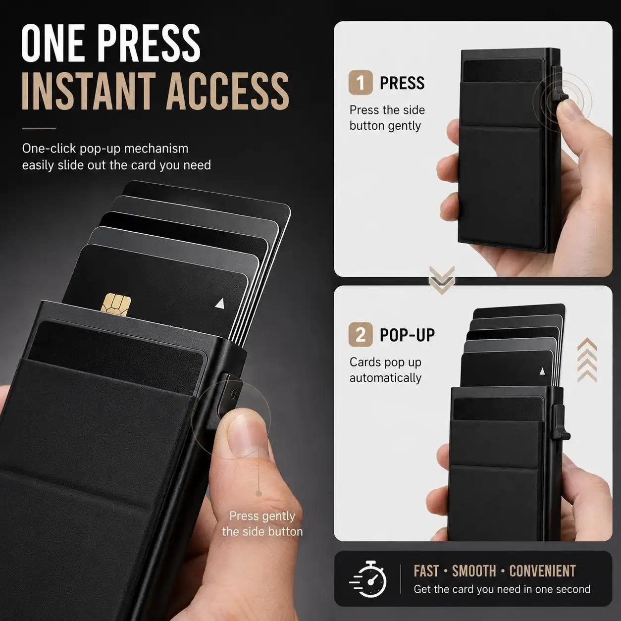 Pop Up Card Holder Wallet, Slim Minimalist Card Wallet with Cash Pocket, One Click Card Case Holds Up to 6 Cards, Front Pocket Wallet for Men & Women