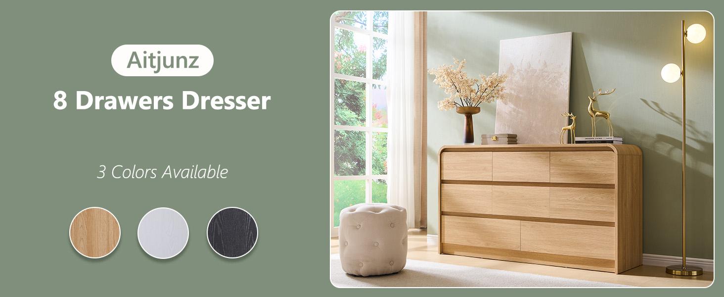 Aitjunz Modern 8 Drawers Dresser for Bedroom, 55" Wide Dressers & Chest of Drawers w/Curved Profile Design, Wood Mid Century Storage Dressers Organizer for Bedroom, Living Room, Natural Oak