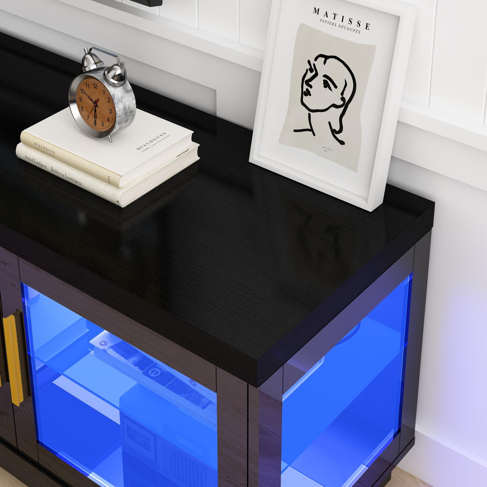 70IN LED TV Stand for 85/80/75 inch TV, Modern High Gloss TV Stand with Glass Display Storage Cabinet, TV Cabinet Entertainment Center Media Console for Living Room,Brown/Black