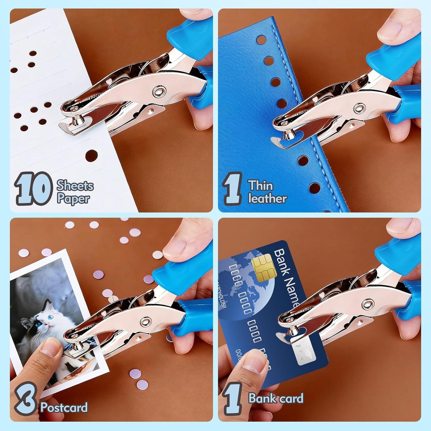 2 Pcs Hole Punch, 1/4" and 1/8" Hole Puncher with Blue Soft Grip for Crafts, Scrapbooks, Tags, Tickets, Handheld Circle Single Hole Punch for Home, Office and Classroom