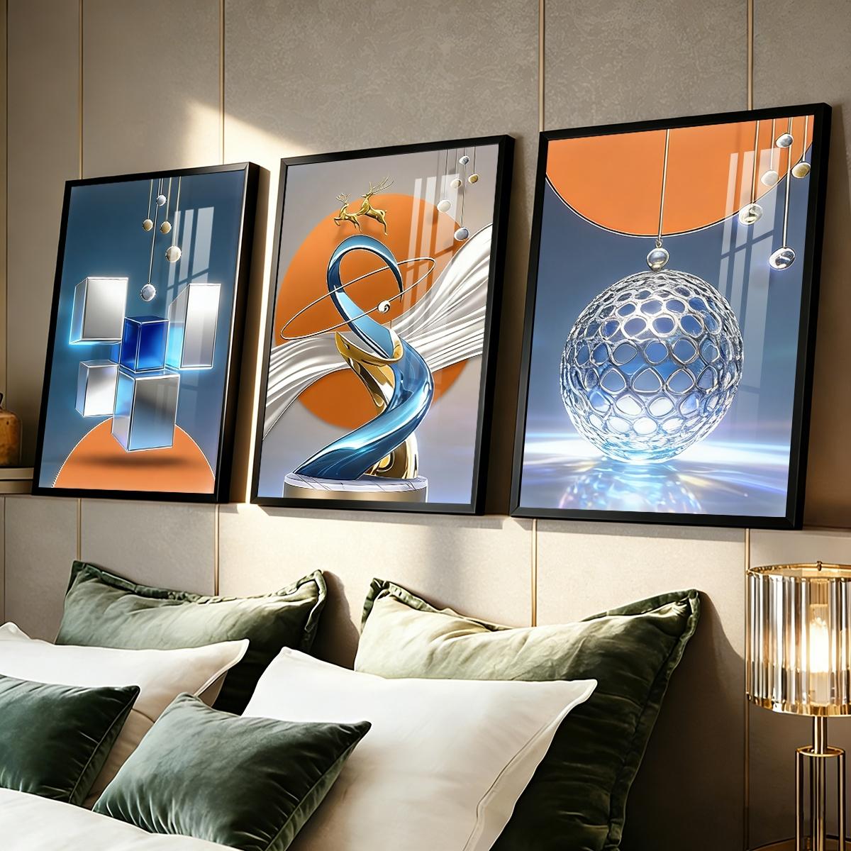 3 Counts Aluminum Alloy Framed Painting, Modern Abstract Geometric Sphere And Cube Art, Home Decoration For Living Room, Bedroom, Office, Restaurant, Hallway Wall Decor, Odorless Print Artwork, Luxury Perfect Gift For Friends And Family