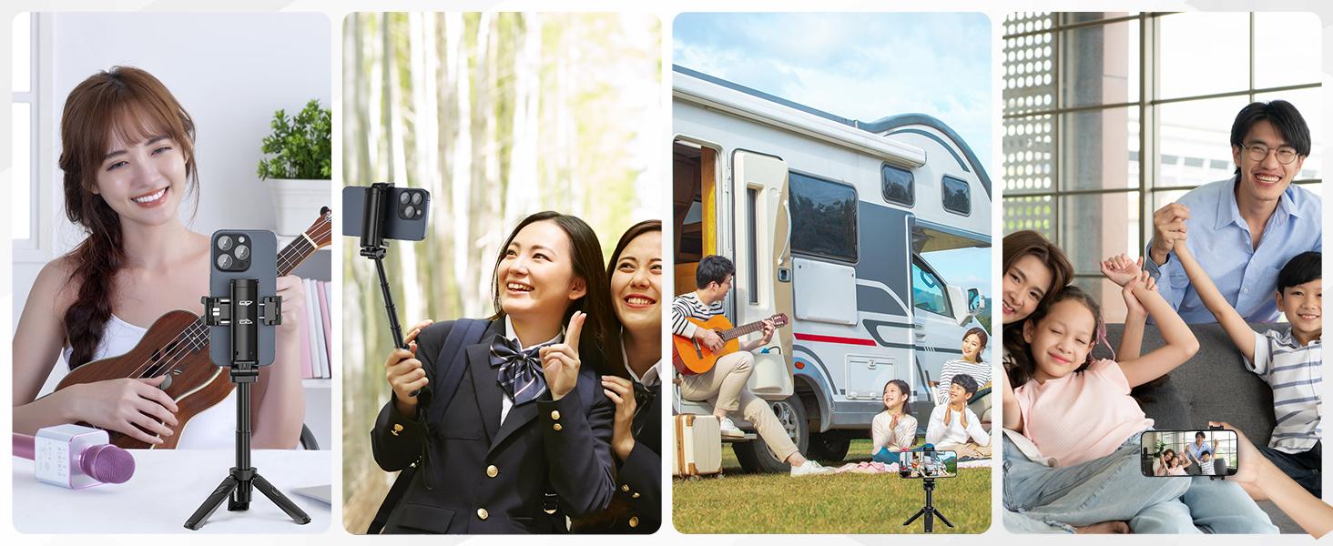 ULANZI JJ02 Selfie Stick Tripod, Extendable Grip Phone Tripod with Detachable Remote Pocket Size, 3-in-1 Mini Phone Grip 2 Cold Shoe, 10m/393.7'' Wireless Shutter, Vlog Livestreaming Photography