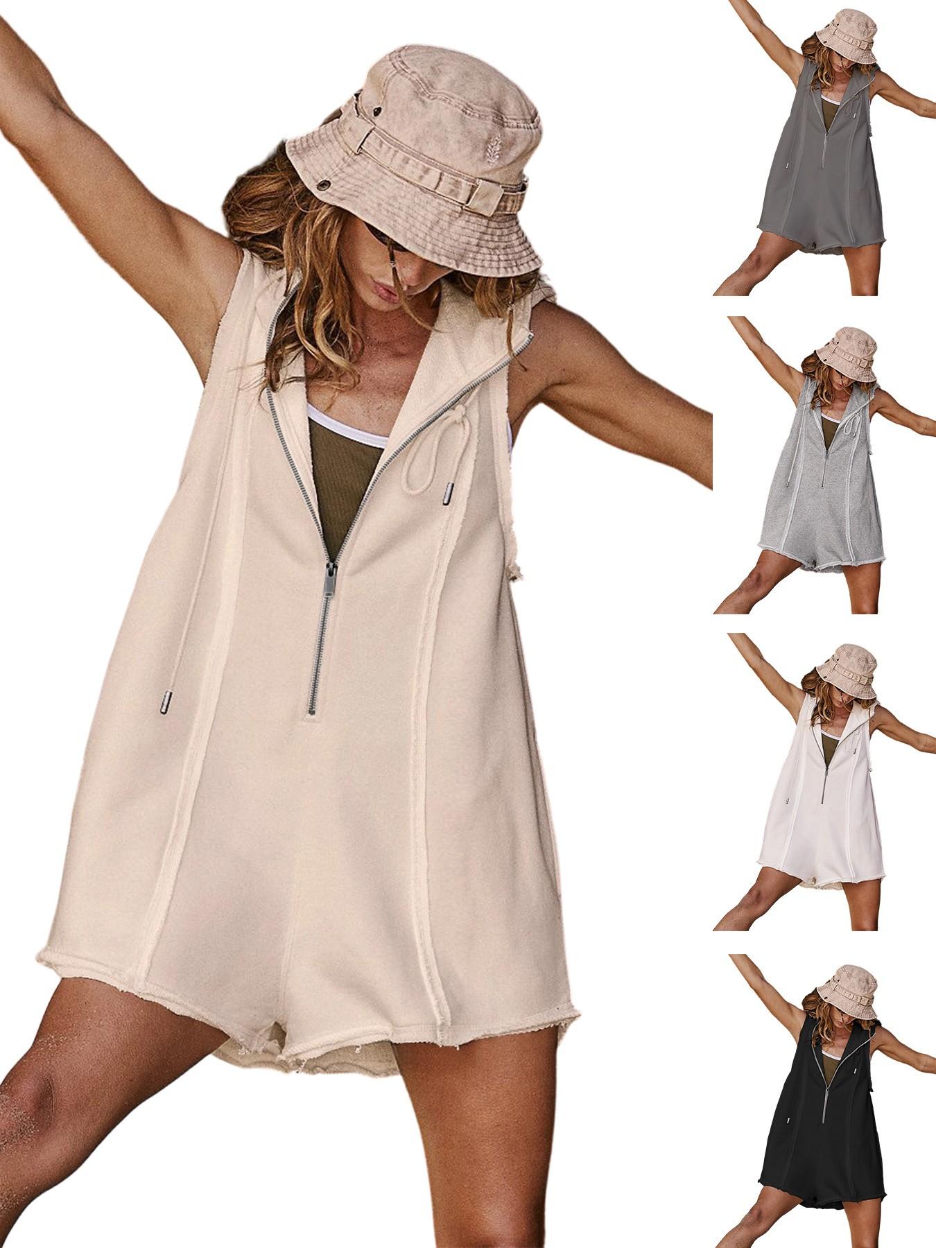 Women's Sleeveless Half Zip Hooded Romper, Loose Fit Raw Hem, Summer Casual Chic One Piece Shorts, Plain Surface, Basic, All Seasons