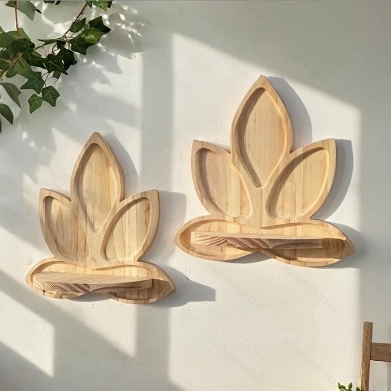 Wall Mounted Wooden Shelf, Lotus Shape Candle Holder, Multi-Purpose Storage Rack, Decorative Wall Organizer, Home Décor Accessory