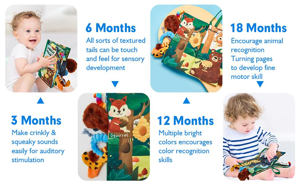 Hahaland Jungly Tails Baby Cloth Book -  Infant Tummy Time Toy Sensory Toys Touch Feel Baby Gifts for Boy Girl Early Learning Toy Early Education Montessori Sensory Infant Toy Newborn Baby Shower Gift