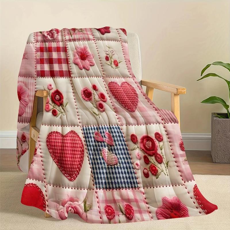 Valentine's Day Heart Plaid Digital Print Flannel Blanket, Soft Comfortable Sofa Bed Throw, Office Nap Shawl, Outdoor Sports Multi-Purpose Blanket