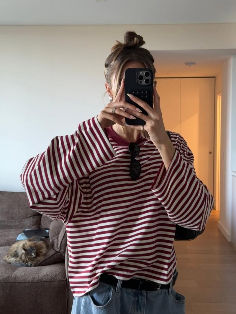Women's Casual Loose-Fit Striped Long Sleeve Oversized Top, Trendy Street Style Round Neck Pullover