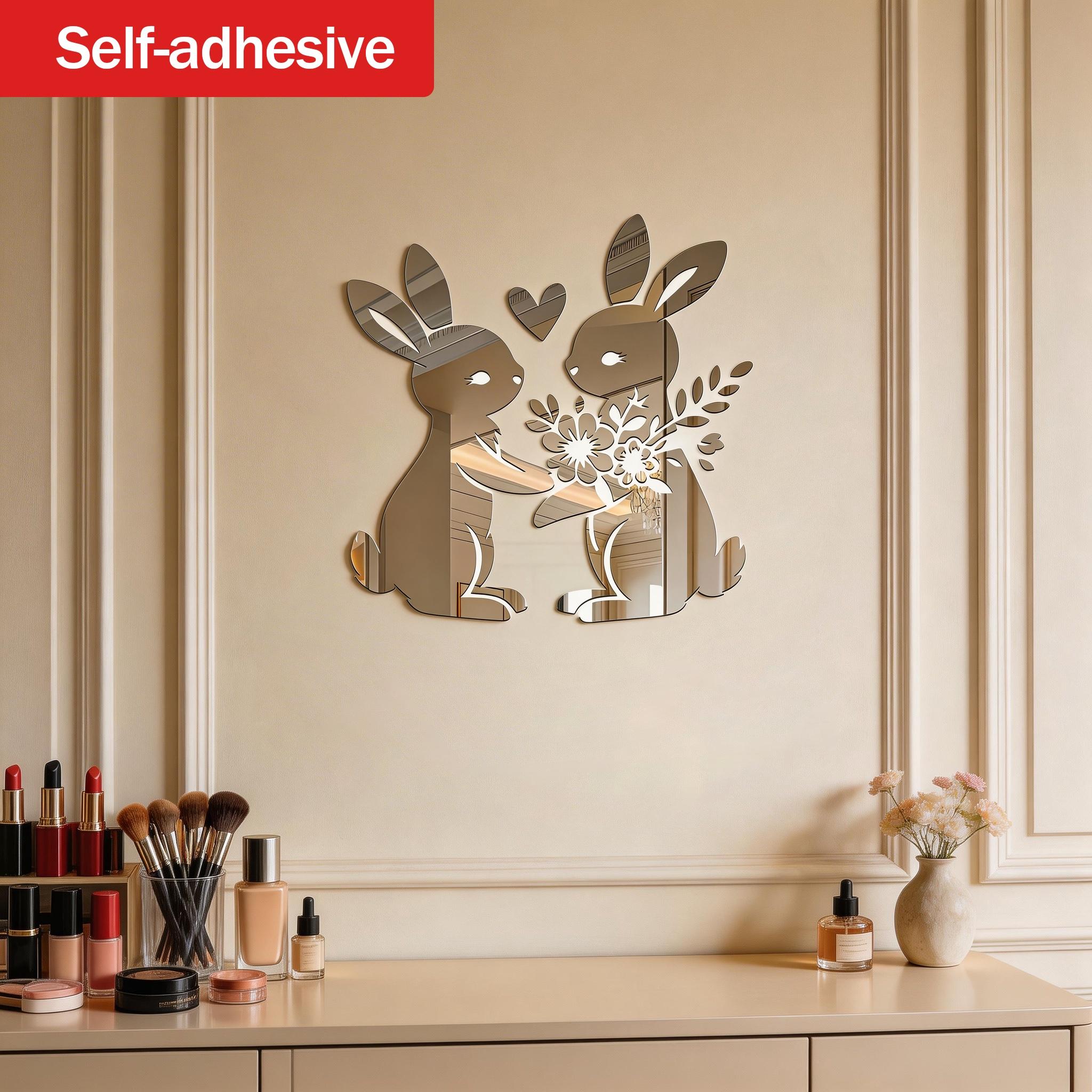 Floral Rabbit Heart Mirror Wall Hanging Makeup Mirror, Decorative Wall Mirror for Living Room Bedroom, Creative Gift Idea