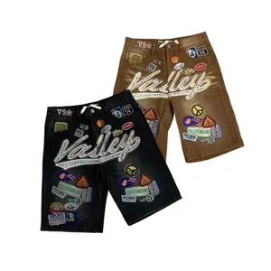 VALLEY Dreams Rhinestone Patchwork Denim Shorts Men Women Y2K Hip Hop Baggy Loose Knee-Length Embroidered Streetwear Shorts
