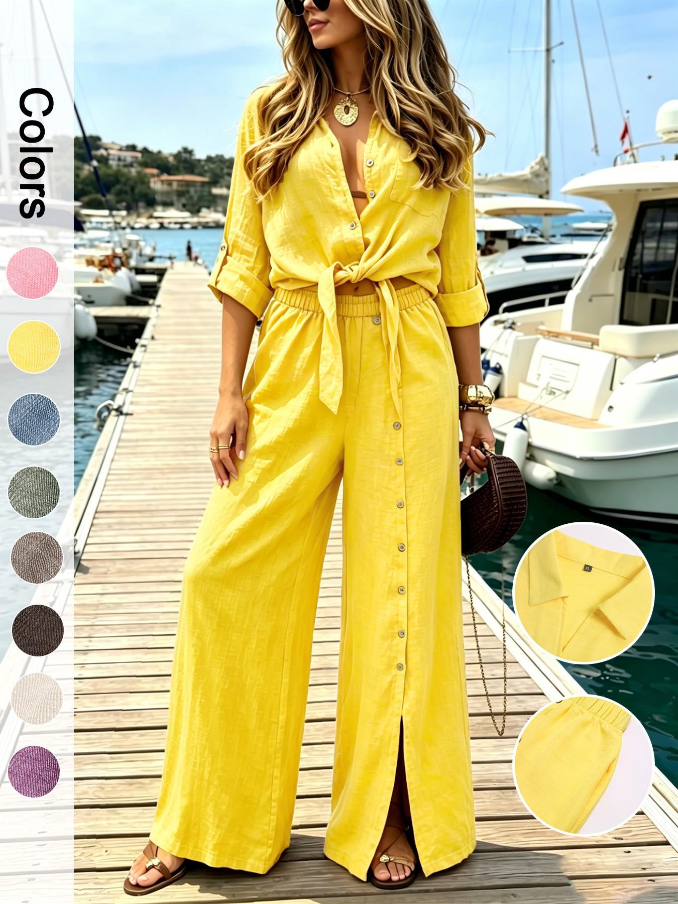 Women's Two-Piece Vacation Style Shirt and Pants Set, Knot Top with Button Decoration, Wide-Leg Pants, Casual Womenswear, Fit
