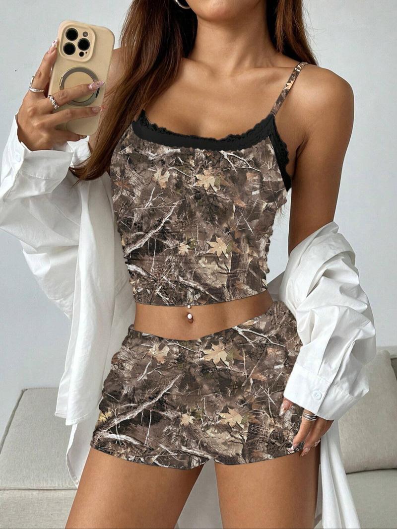 Women's Maple Leaf Print Camisoles & Shorts Two-piece Set, Casual Fashion Top & Shorts for Daily Outdoor Wear, Ladies Clothes for All Seasons, 2 Piece Sets Women, Matching Sets