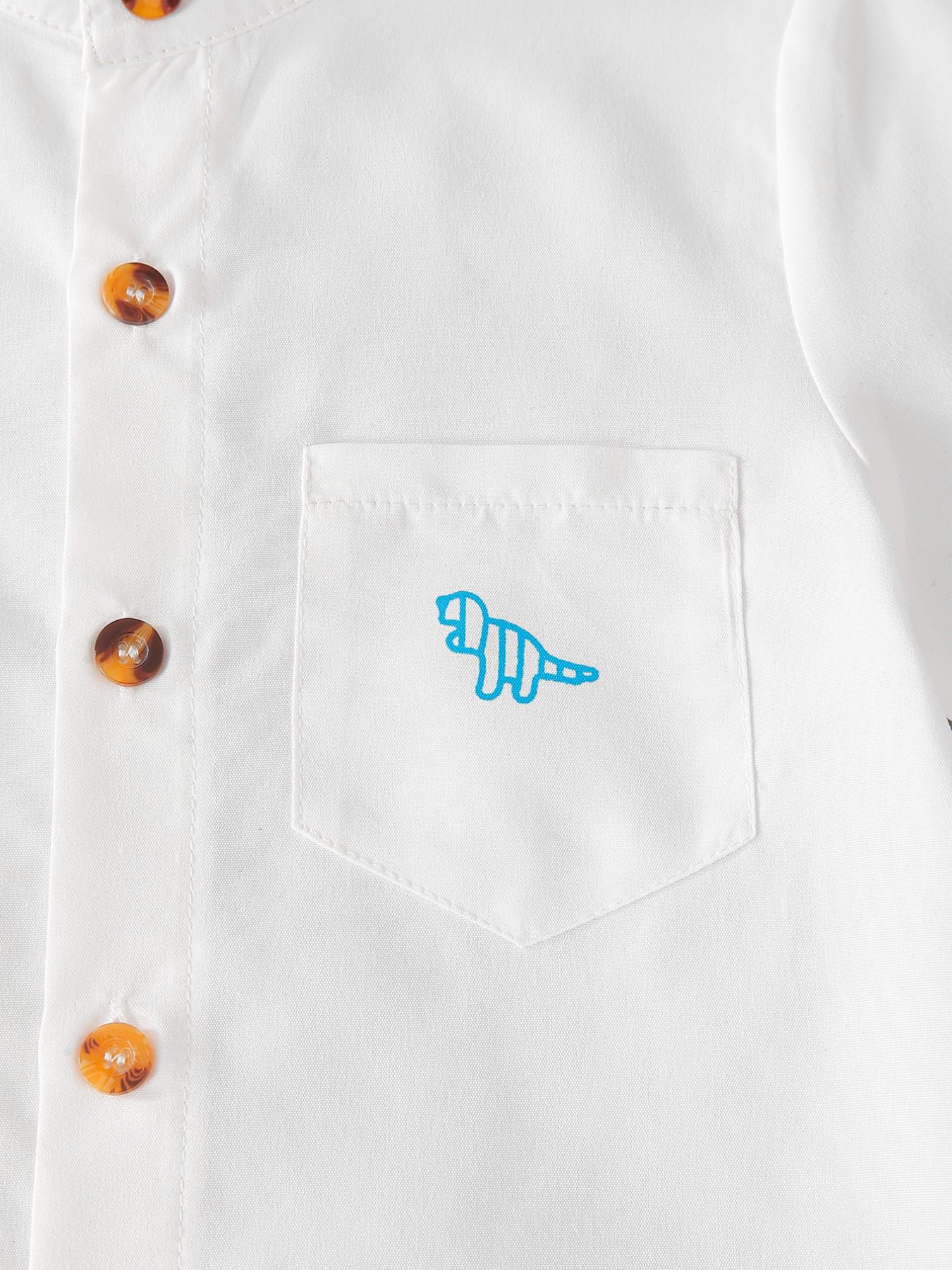 Boys' Summer Casual Set, Button Front Stand Collar Shirt, Short Sleeve with Pocket, Cute Dinosaur Print, Striped Shorts, 2-Piece Set