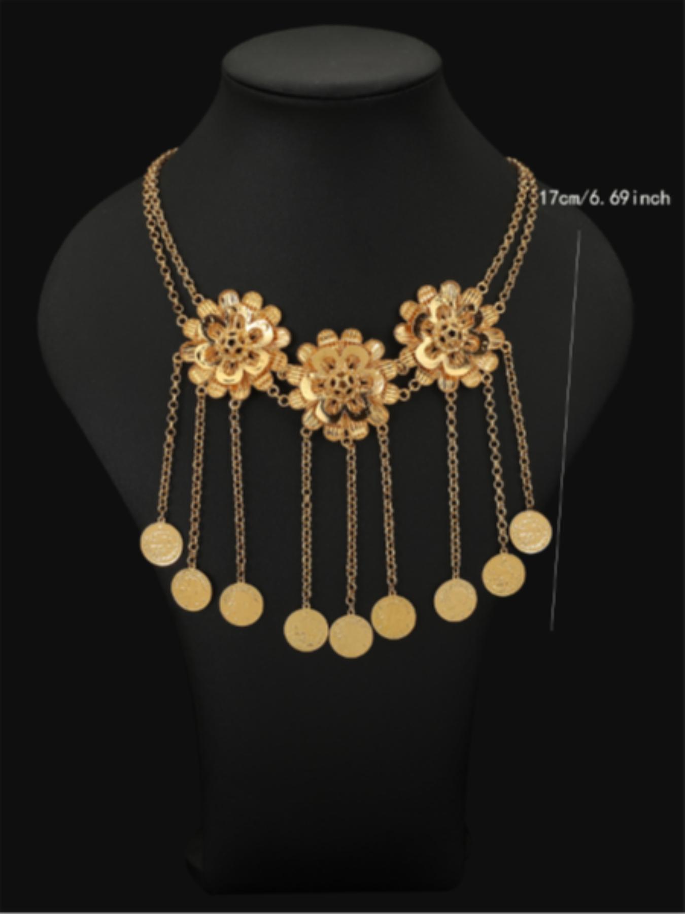 Vintage Turkish Flower Gold Coin Bell Necklace, 18k Gold Plated Luxury Exotic Pendant, Elegant Geometric Design, All Seasons Accessory