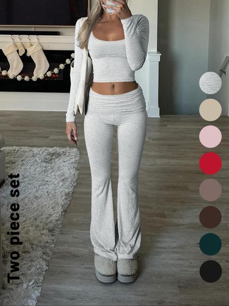 Women's Solid Color Square Neck Crop Tee & Flare Leg Pants Two-Piece Set, Casual Fashion Cozy Two Piece Outfits for Daily Outdoor Wear